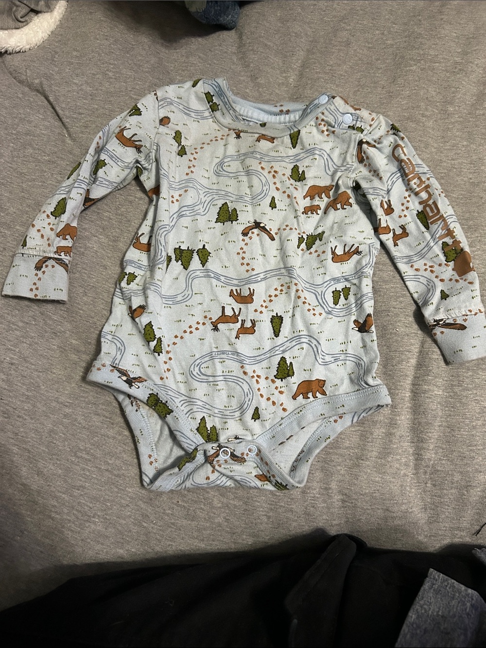 Carhartt Light Blue Long-Sleeve Bodysuit with Brown Bear & Green Tree Print